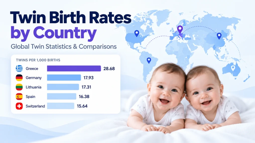 Twin birth rates by country infographic showing global twin statistics and comparisons